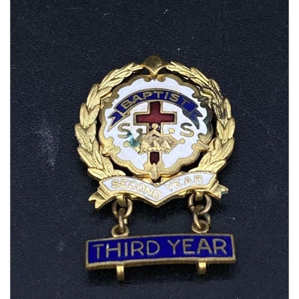 Baptist Sunday School 3rd Year Pin Little System Cross & Crown by Uncas